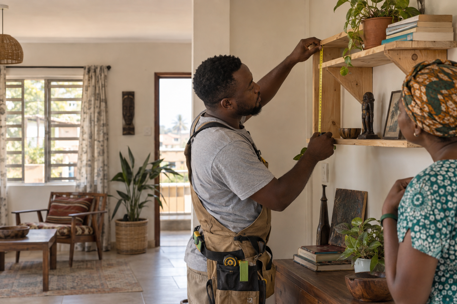 Ghanaian carpenter measuring a wooden shelf in a home